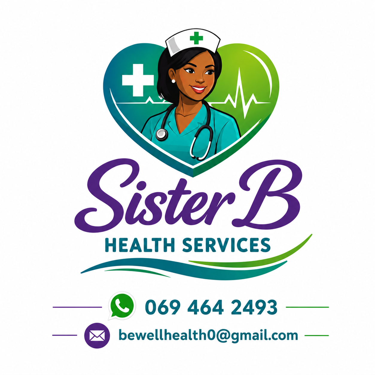 SisterB Health Services logo lock-up with WhatsApp number and email address