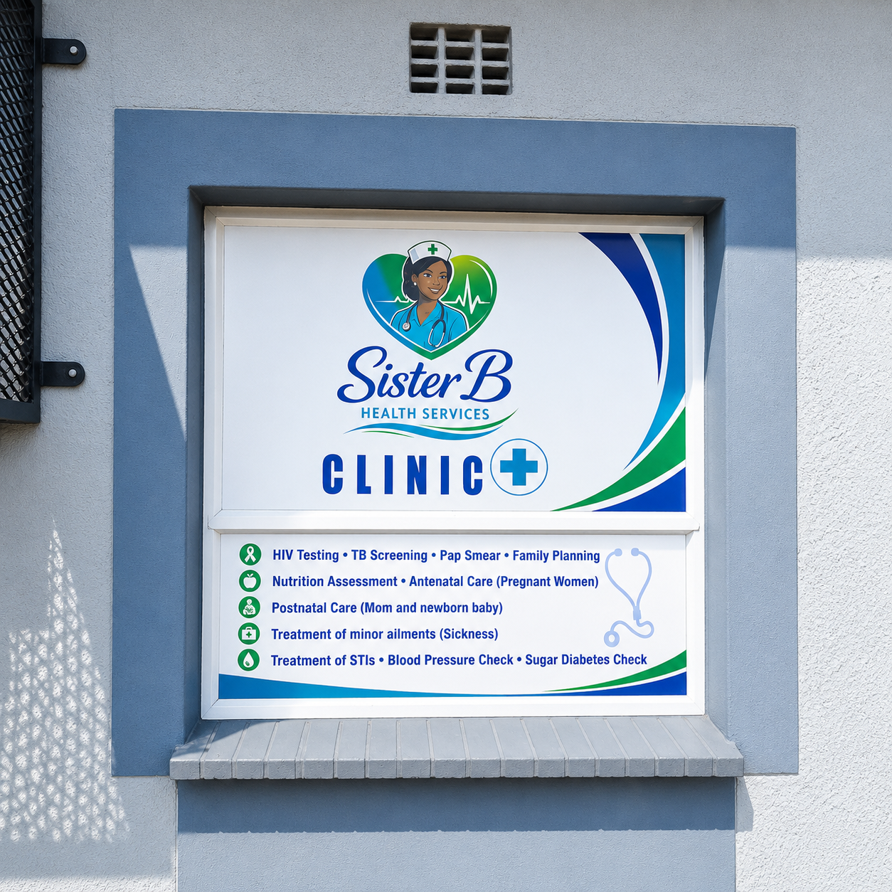 SisterB Clinic window graphic listing HIV testing, antenatal care, postnatal care and screening services